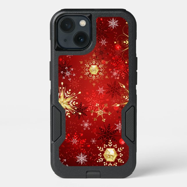 Christmas Golden Snowflakes on Red Background Otterbox iPhone Case (Back)