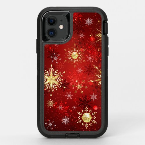 Christmas Golden Snowflakes on Red Background OtterBox Defender iPhone 11 Case