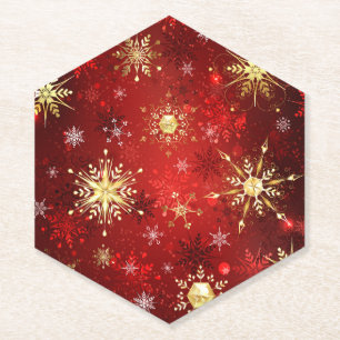 Christmas Golden Snowflakes on Red Background Paper Coaster