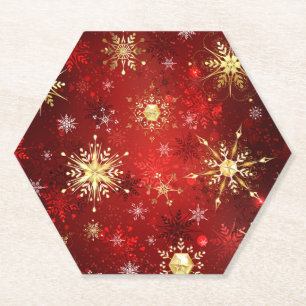 Christmas Golden Snowflakes on Red Background Paper Coaster