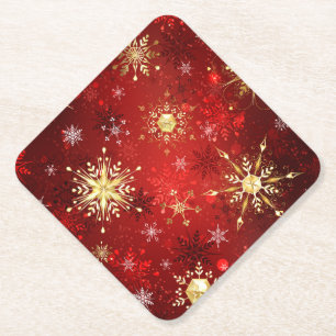 Christmas Golden Snowflakes on Red Background Paper Coaster