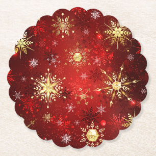 Christmas Golden Snowflakes on Red Background Paper Coaster