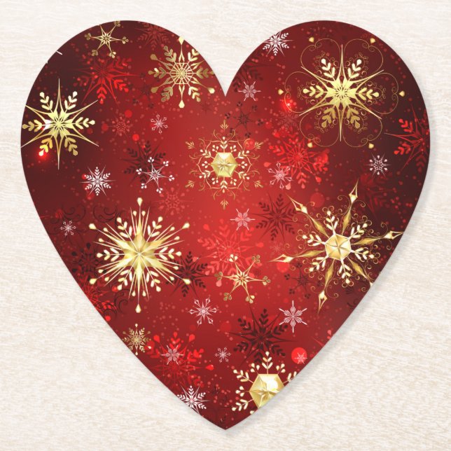 Christmas Golden Snowflakes on Red Background Paper Coaster (Front)