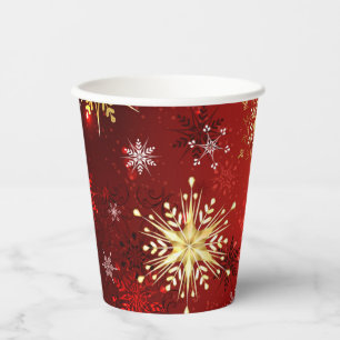 Christmas Golden Snowflakes on Red Background Paper Cups
