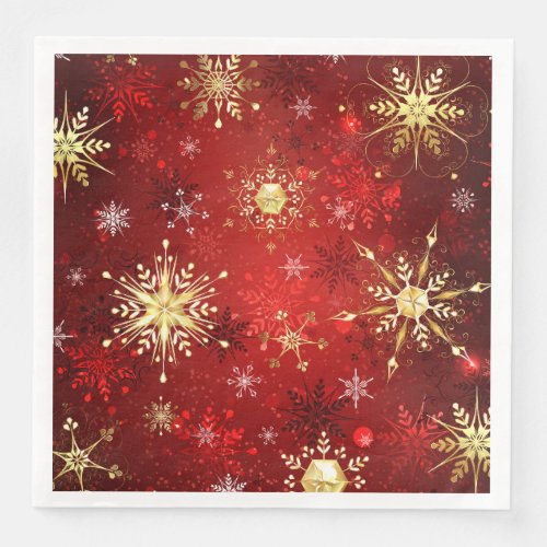 Christmas Golden Snowflakes on Red Background Paper Dinner Napkins