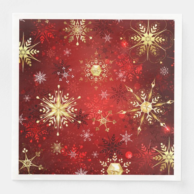 Christmas Golden Snowflakes on Red Background Paper Dinner Napkins (Front)