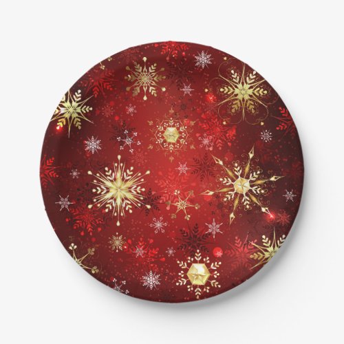 Christmas Golden Snowflakes on Red Background Paper Plates