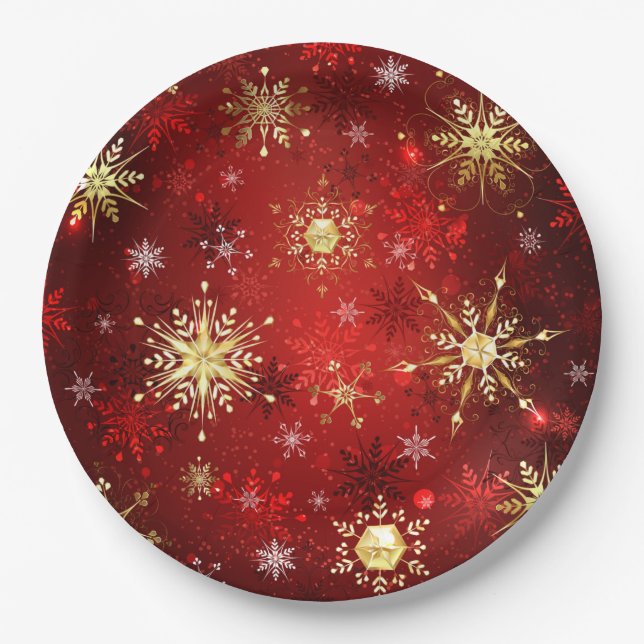 Christmas Golden Snowflakes on Red Background Paper Plates (Front)