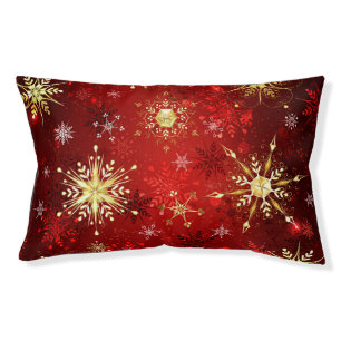 Christmas Golden Snowflakes on Red Background Pet Bed