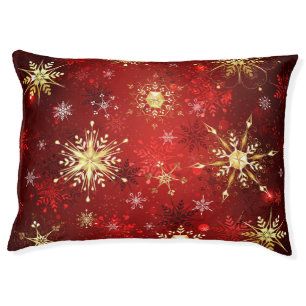 Christmas Golden Snowflakes on Red Background Pet Bed