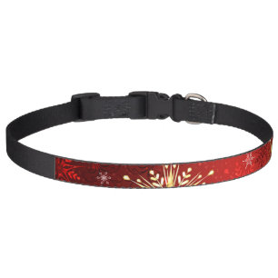 Christmas Golden Snowflakes on Red Background Pet Collar
