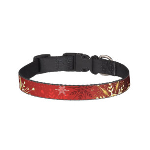 Christmas Golden Snowflakes on Red Background Pet Collar