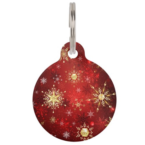 Christmas Golden Snowflakes on Red Background Pet ID Tag