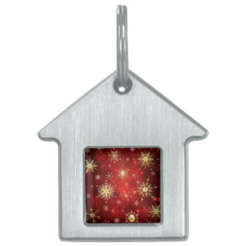 Christmas Golden Snowflakes on Red Background Pet ID Tag