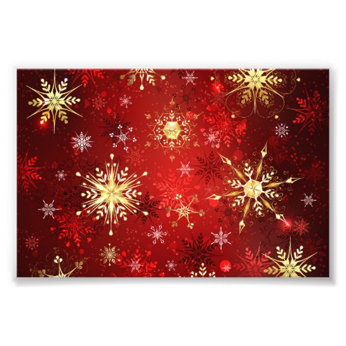 Christmas Golden Snowflakes on Red Background Photo Print