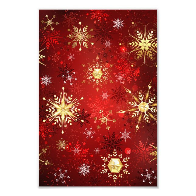 Christmas Golden Snowflakes on Red Background Photo Print (Front)