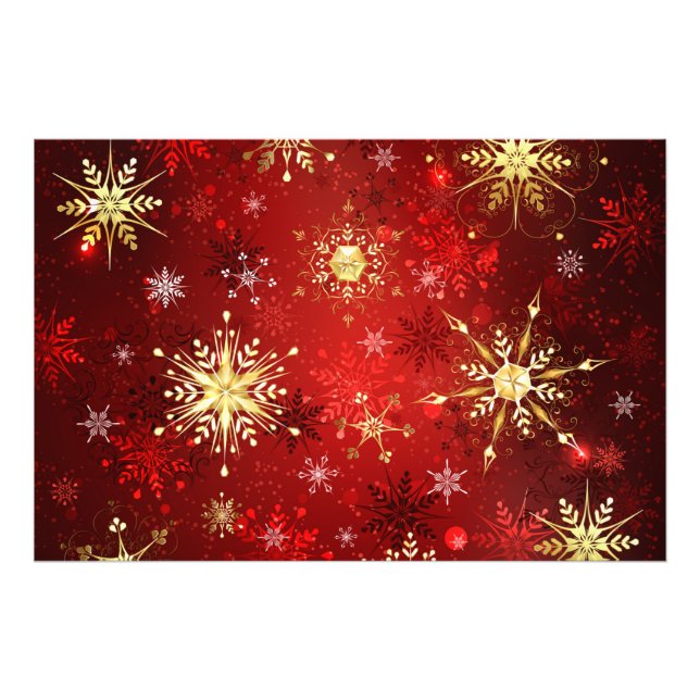 Christmas Golden Snowflakes on Red Background Photo Print (Front)