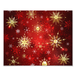 Christmas Golden Snowflakes on Red Background Photo Print