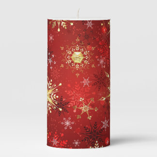 Christmas Golden Snowflakes on Red Background Pillar Candle