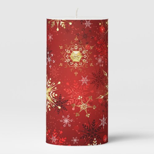 Christmas Golden Snowflakes on Red Background Pillar Candle