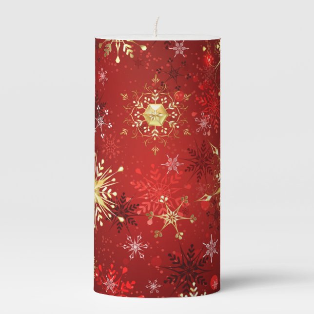 Christmas Golden Snowflakes on Red Background Pillar Candle (Front)
