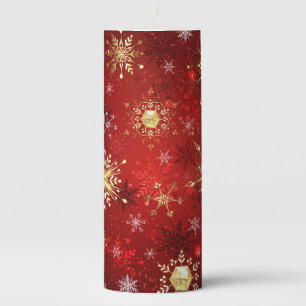 Christmas Golden Snowflakes on Red Background Pillar Candle