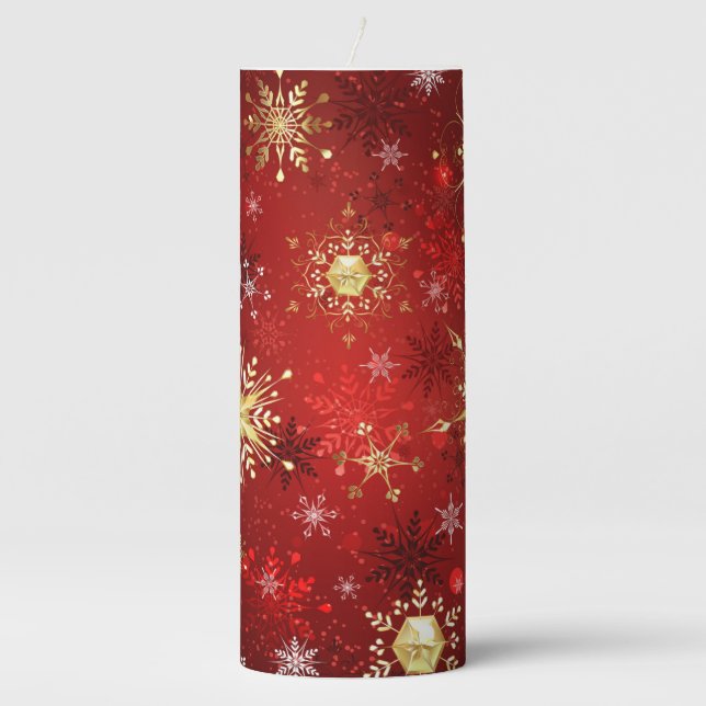 Christmas Golden Snowflakes on Red Background Pillar Candle (Front)