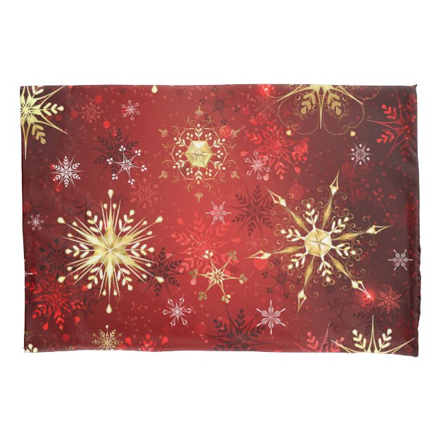 Christmas Golden Snowflakes on Red Background Pillow Case (Front-Left)