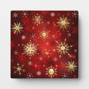 Christmas Golden Snowflakes on Red Background Plaque