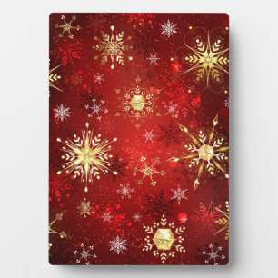 Christmas Golden Snowflakes on Red Background Plaque