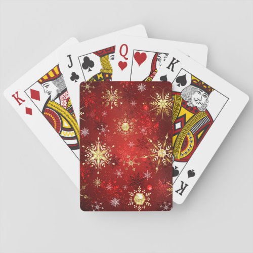 Christmas Golden Snowflakes on Red Background Playing Cards