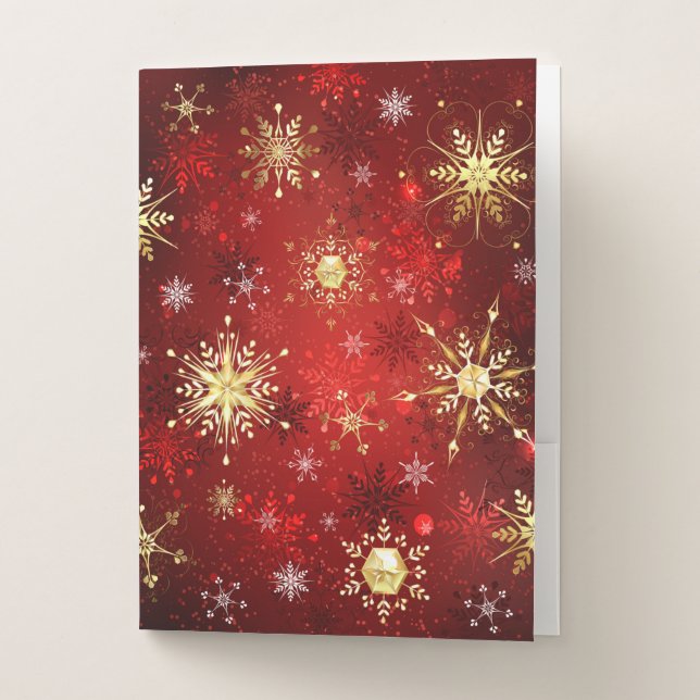 Christmas Golden Snowflakes on Red Background Pocket Folder (Front)