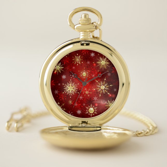 Christmas Golden Snowflakes on Red Background Pocket Watch (Inside)