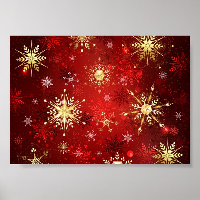 Christmas Golden Snowflakes on Red Background Poster (Front)