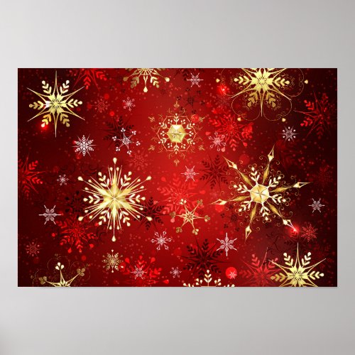 Christmas Golden Snowflakes on Red Background Poster