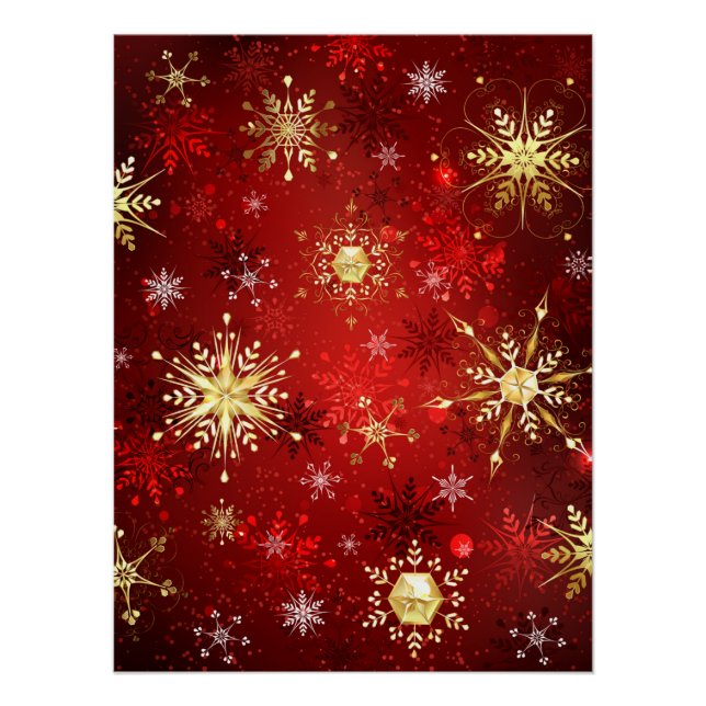 Christmas Golden Snowflakes on Red Background Poster (Front)