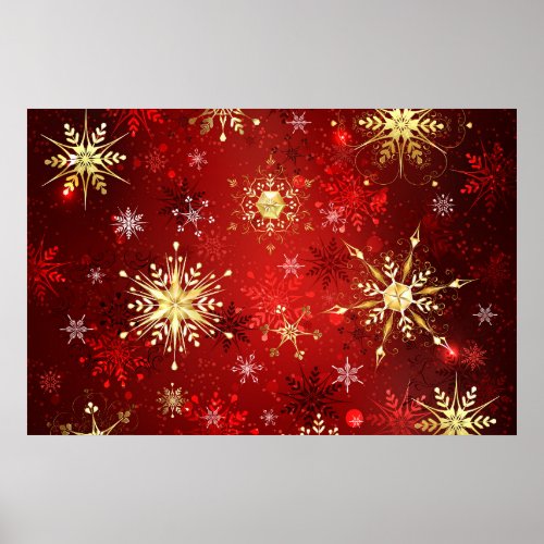 Christmas Golden Snowflakes on Red Background Poster