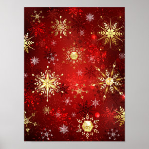 Christmas Golden Snowflakes on Red Background Poster