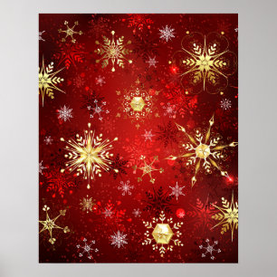 Christmas Golden Snowflakes on Red Background Poster