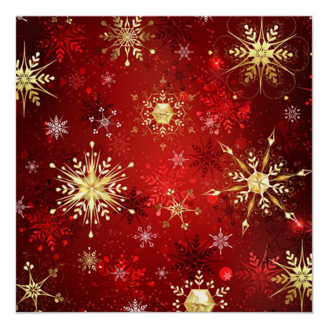 Christmas Golden Snowflakes on Red Background Poster (Front)