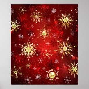 Christmas Golden Snowflakes on Red Background Poster