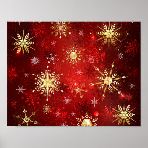 Christmas Golden Snowflakes on Red Background Poster