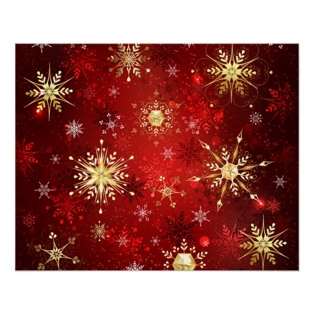 Christmas Golden Snowflakes on Red Background Poster (Front)