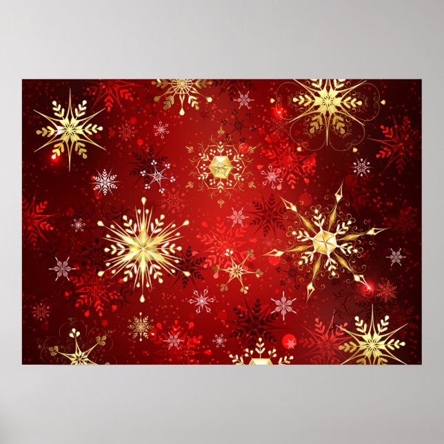 Christmas Golden Snowflakes on Red Background Poster (Front)