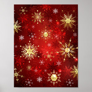 Christmas Golden Snowflakes on Red Background Poster