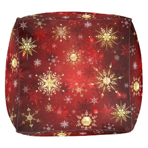 Christmas Golden Snowflakes on Red Background Pouf