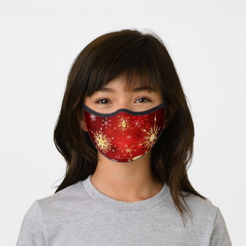 Christmas Golden Snowflakes on Red Background Premium Face Mask