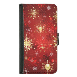 Christmas Golden Snowflakes on Red Background Samsung Galaxy S5 Wallet Case