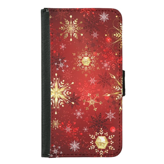 Christmas Golden Snowflakes on Red Background Samsung Galaxy Wallet Case (Front)