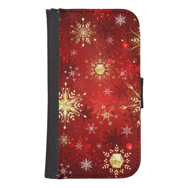 Christmas Golden Snowflakes on Red Background Samsung Galaxy Wallet Case (Front)